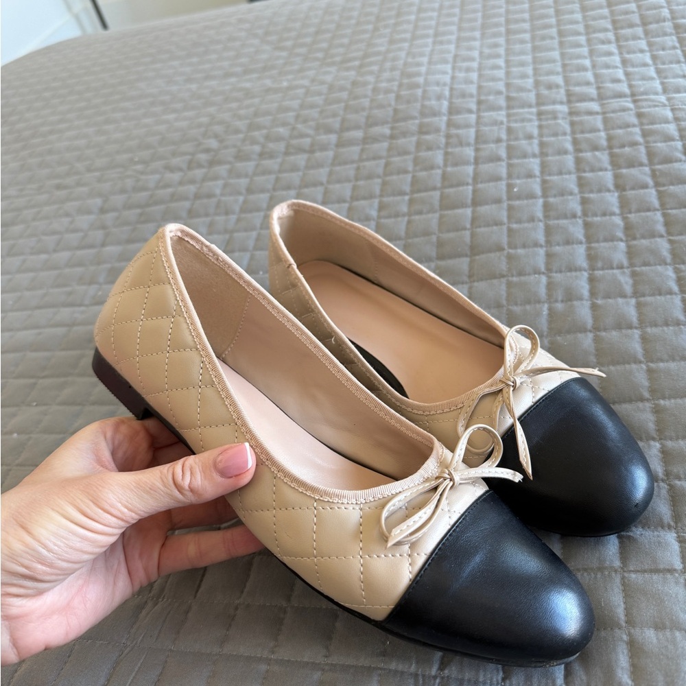 Tan and Black Ballet Flats with Bow Detail